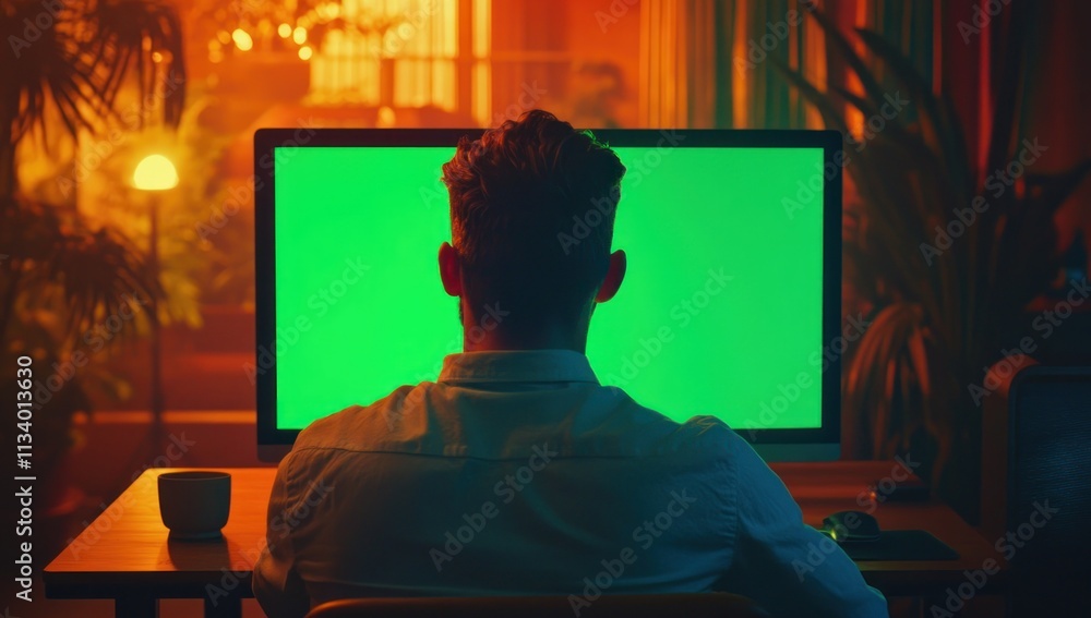 Poster Man working late at home on computer with green screen.