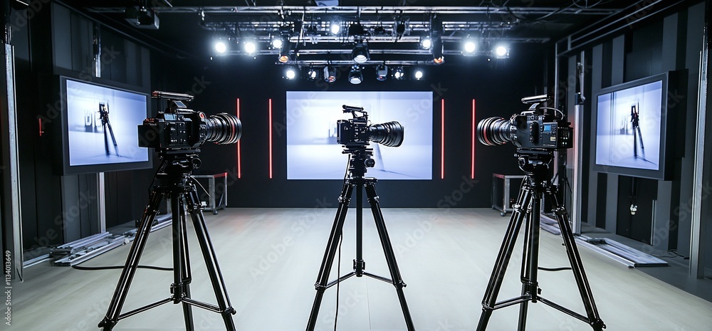 Poster three cameras on tripods facing screens in a studio setting.