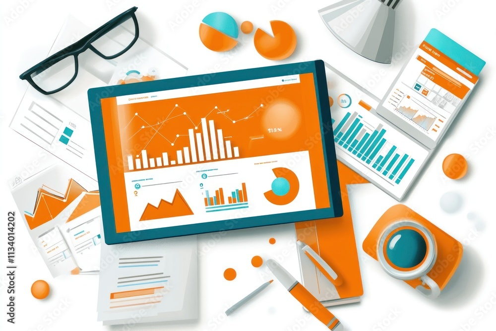 Aufkleber Tablet displaying data charts & graphs surrounded by office supplies.
