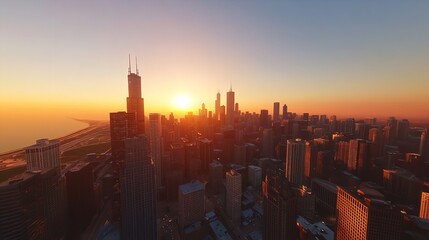 Downtown Chicago Cityscape with Skyscrapers and Skyline at Sunset