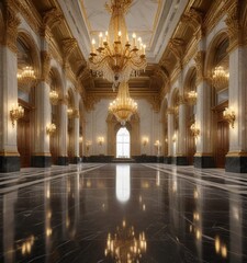 Grand hall with golden chandeliers and polished marble floor, decorative, ornate