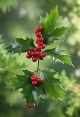 Fototapeta premium Single holly leaf with red berries in a shallow depth of field against a soft focus green background, verdant, botanical, leafy greens
