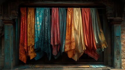 Vibrant Textiles Hanging in Ancient Architecture