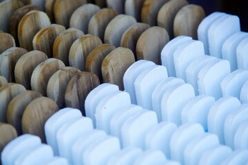 Wooden and White Painted Shapes Arranged in an Artistic Display