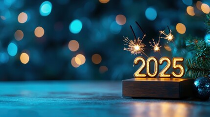 New Year's celebration theme featuring illuminated numerals 2025, sparkling fireworks, and festive bokeh background, Ideal for greeting cards, social media posts, and event promotions,