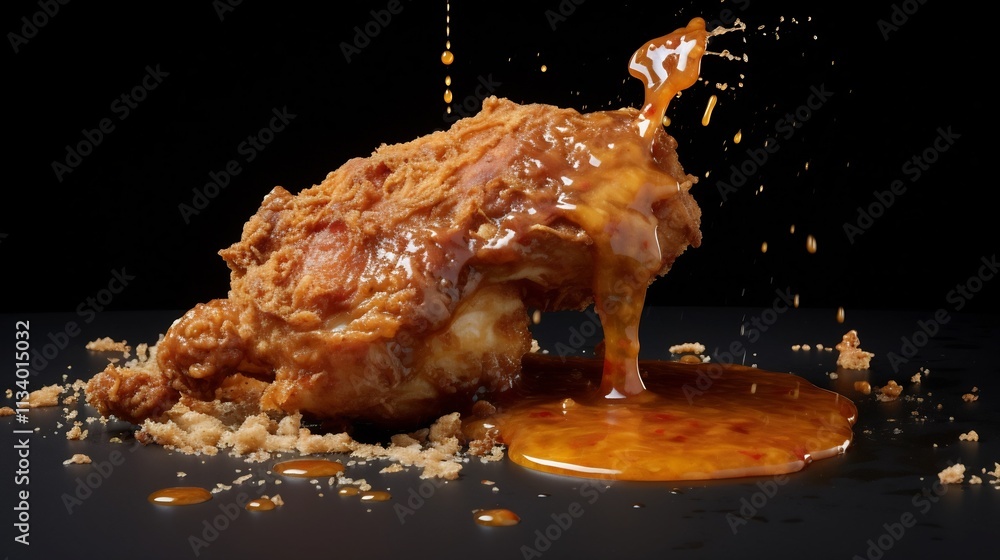 Poster a visually striking image of a glowing fried chicken thigh hovering effortlessly with a dripping hon