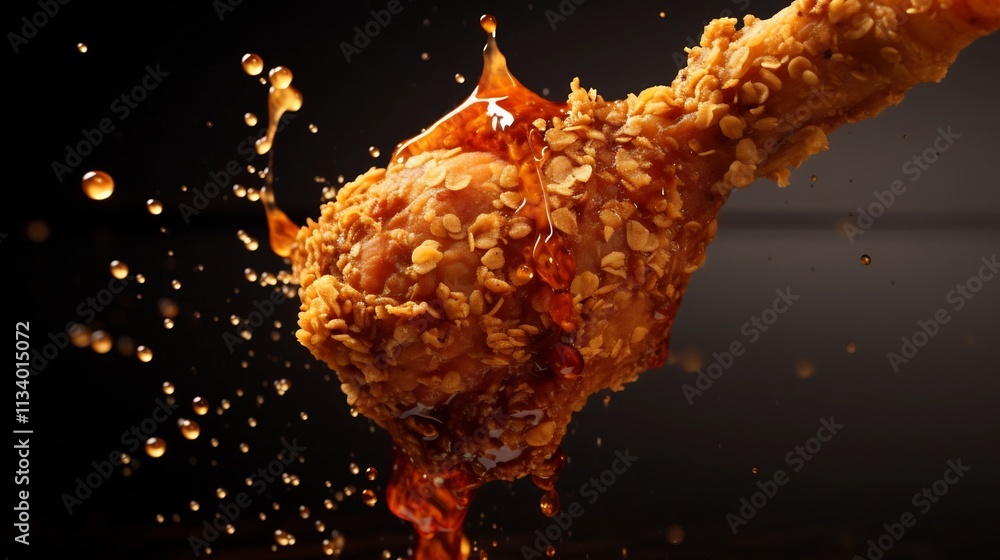 Poster closeup of a golden crispy fried chicken drumstick held up in motion with spicy crumbs floating arou