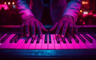 Dark hands play a pink keyboard in a club