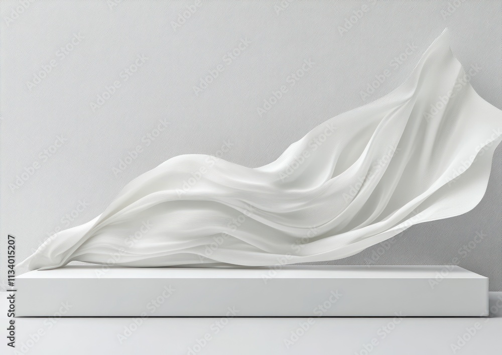 Aufkleber white fabric draped elegantly on a minimalist white platform against a light gray background.