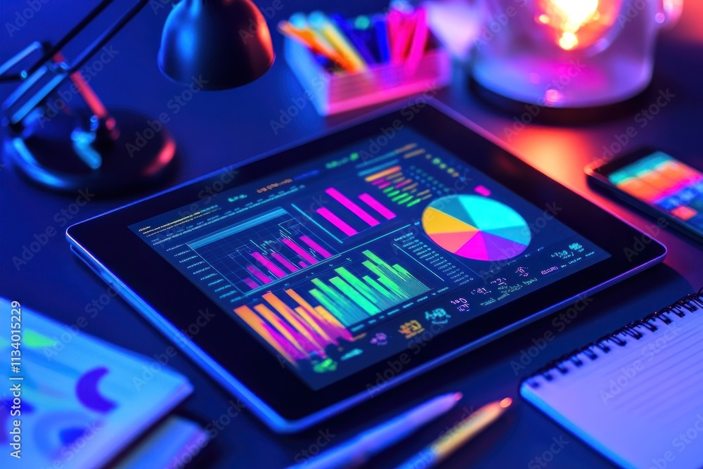 Fototapete Tablet displaying colorful data charts and graphs on a dark desk with stationery.