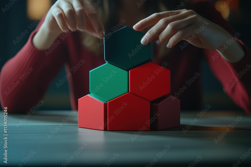 Poster woman building a hexagon tower with colorful blocks.