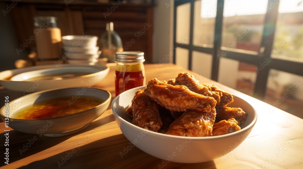 Poster Delicious fried chicken wings floating above a warm lit table with a bowl of dipping sauce in the background  The crispy juicy wings create an appetizing and still life composition