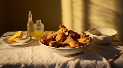 Fried chicken wings elegantly floating above a table surface with a delectable dipping sauce in the background set against a warm glowing light backdrop creating a modern minimalist composition
