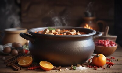 Traditional Adyghe cooking pot with salt and spices, food preparation, kitchen utensils, ceramic pot