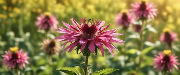 Obraz premium Bee balm flower in full bloom against a soft yellow background , herb, garden