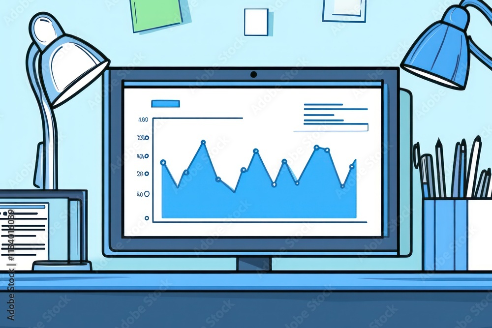 Poster Computer screen displaying a data graph, surrounded by office supplies.