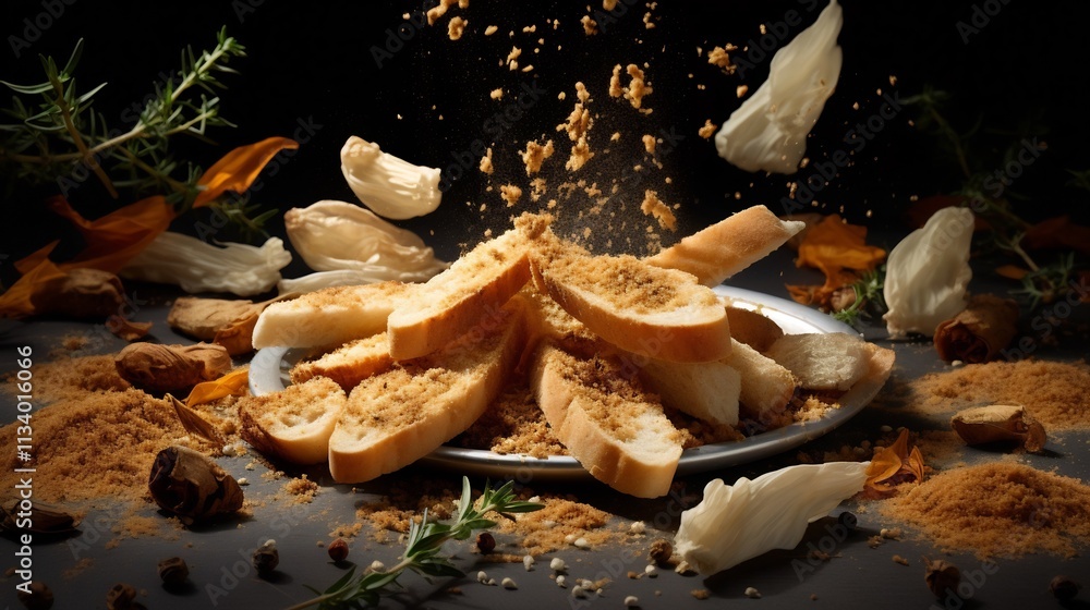 Poster close up of crispy breaded chicken strips in mid air against a bold bright background with seasoning