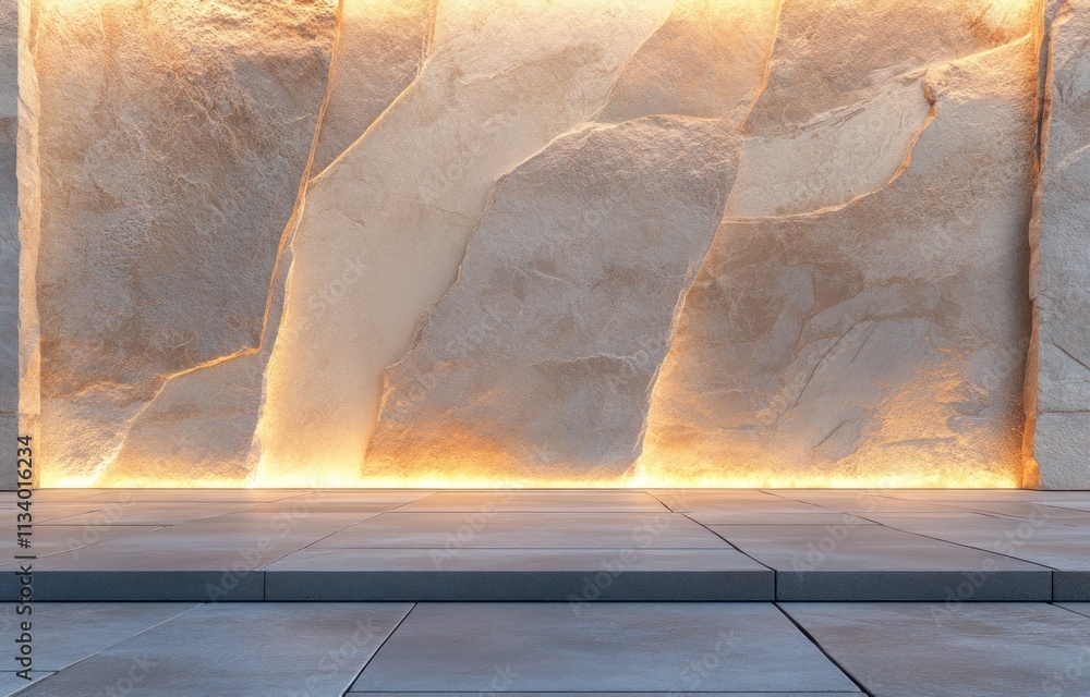 Poster illuminated stone wall backdrop with empty platform.