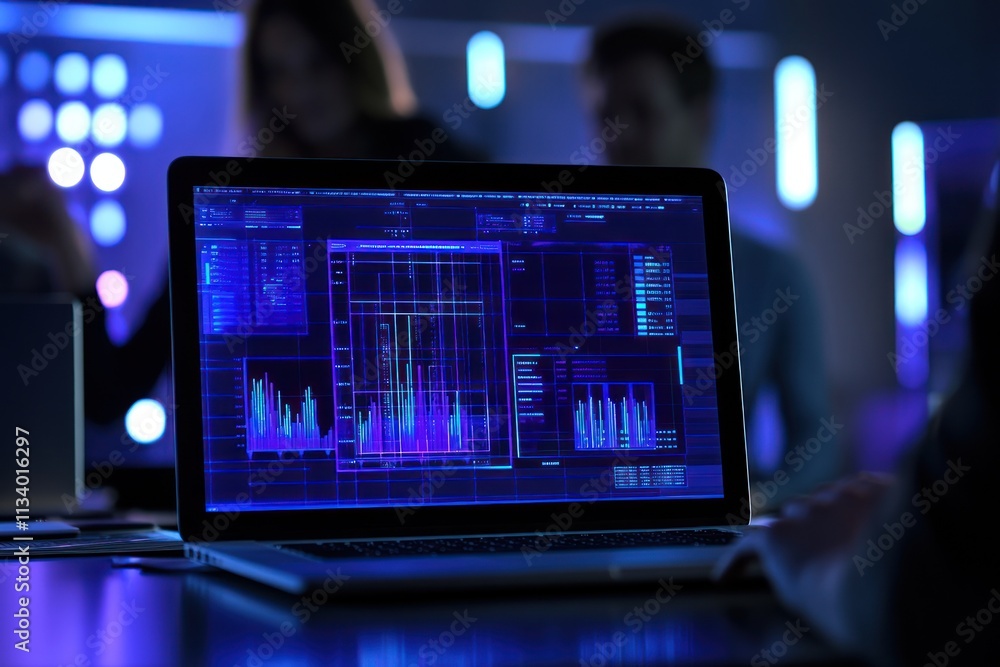Leinwandbilder laptop screen displaying data analytics charts with blurred colleagues in background.