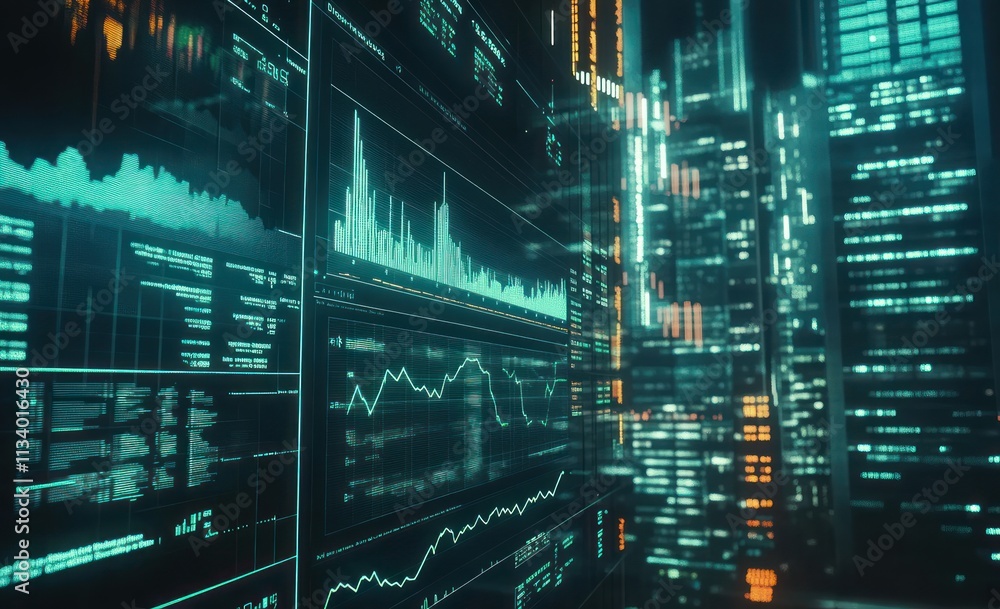 Aufkleber Futuristic data visualization with glowing teal and orange graphs and charts on digital screens.