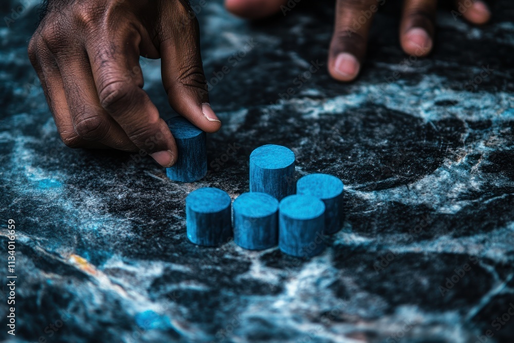 Poster close-up of hands arranging blue cylindrical blocks on a dark surface.