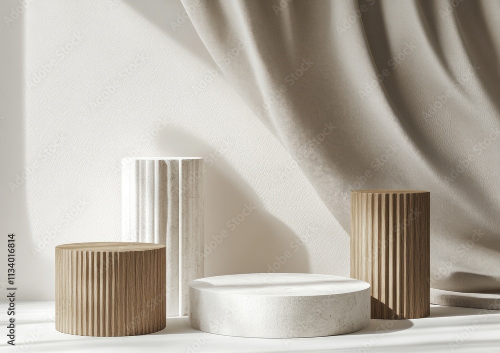Poster minimalist product display with wood and marble cylindrical platforms against a flowing fabric backd