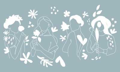 Female Group with Flowers One Line Vector Drawing. Women Silhouette Creative Contemporary Abstract Drawing. Beauty Fashion Female Body, Elegant Vector Minimal Art for Fashion Design, Wall Art, Prints