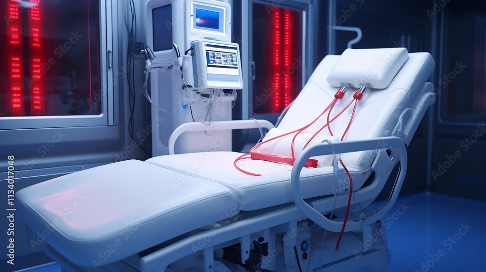 Poster high definition image of a minimalistic setup showcasing localized dialysis equipment and tubing des