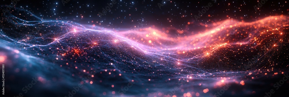 Poster abstract cosmic nebula with glowing particles and energy streams.