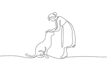 Woman with Dog Continuous One Line Drawing. Woman and Dog One Line Vector Illustration. Minimal Trendy Contemporary Design for Wall Art, Prints, Social Media, Posters, Invitations, Branding Design