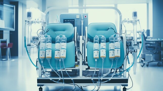 High definition image of a minimalistic and modern setup of localized dialysis equipment and tubing showcasing the technology and tools used for kidney treatment and care