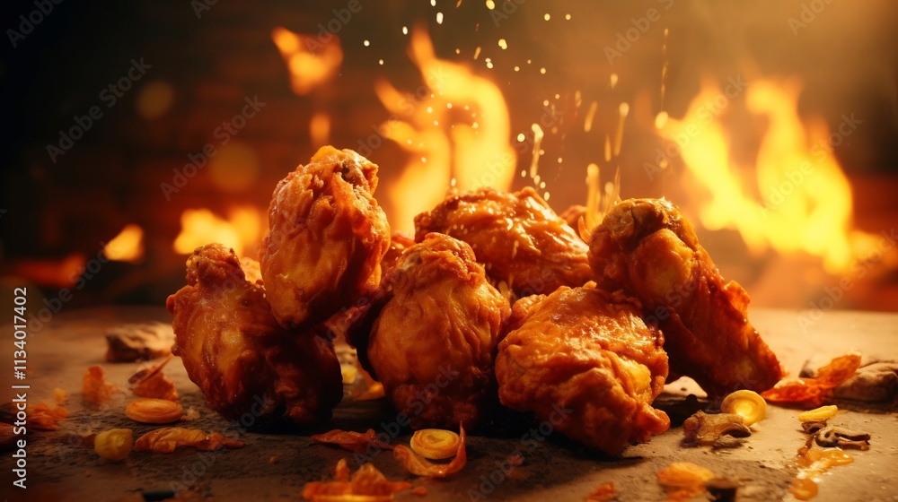 Poster cinematic and close up shot of a fried chicken wing breaking apart revealing vibrant crumbs and warm