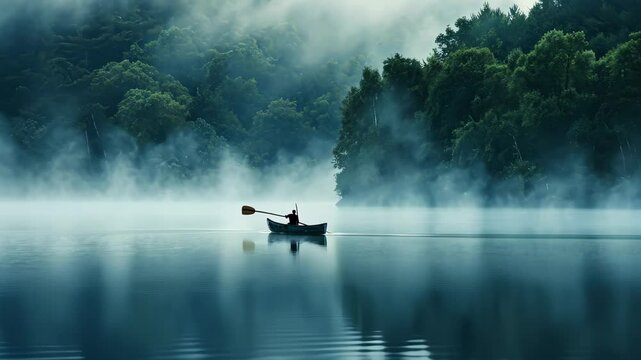 A person is sitting in a boat, navigating a body of water, A misty dawn on a quiet lake with a lone fisherman