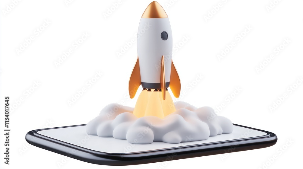 Poster 3d render of a rocket launching from a smartphone.
