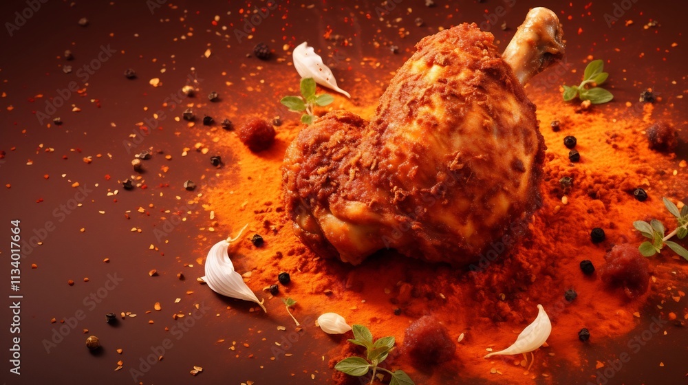 Poster floating fried chicken drumstick surrounded by garlic cloves and chili flakes in a composition with 