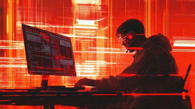 hacker working at night in red lit room