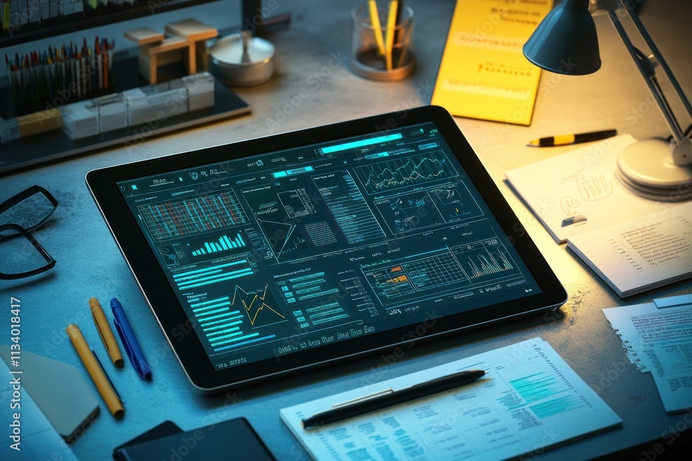 Poster Tablet displaying data analytics dashboard on desk at night.