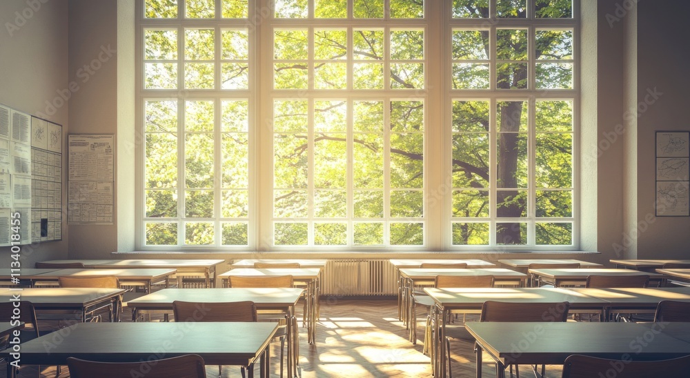 Poster Sunlit classroom with large window and trees.