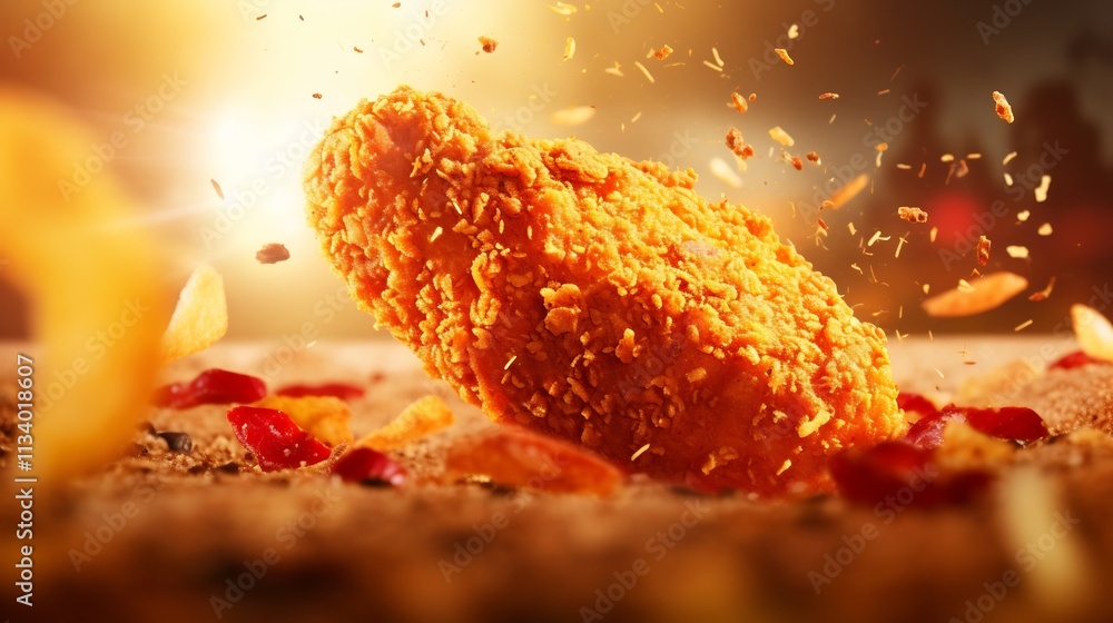 Poster close up of a crispy fried chicken nugget in motion surrounded by scattered crumbs and a dusting of 