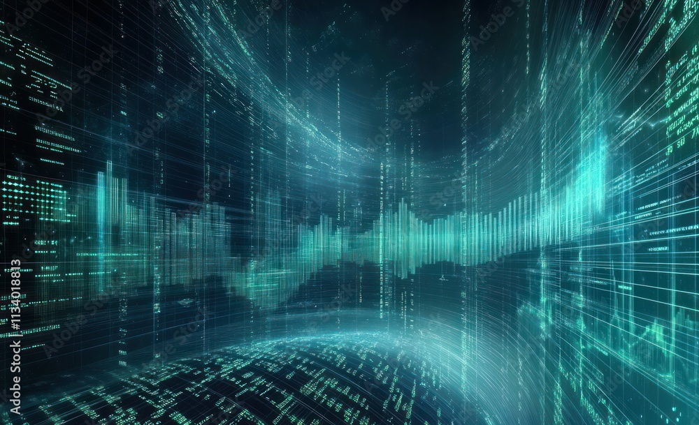 Aufkleber Abstract digital data streams flowing in a curved tunnel.