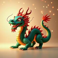 Obraz premium A vibrant green dragon with golden accents on a red background, symbolizing power and tradition.