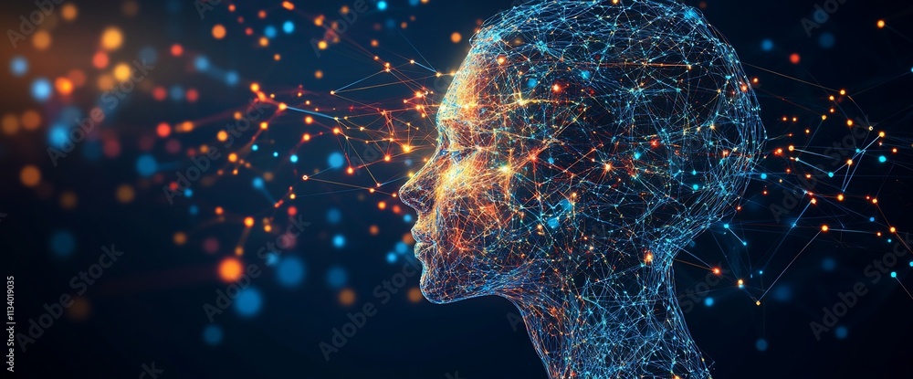 Aufkleber a digital representation of a human head composed of interconnected data points.