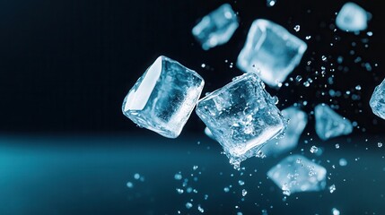 Obraz premium exploding ice cubes with water splashes, captured in motion, detailed textures of the melting ice