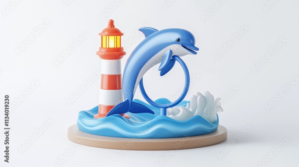 Poster playful 3d rendering of a dolphin jumping through a hoop near a lighthouse on a wave.