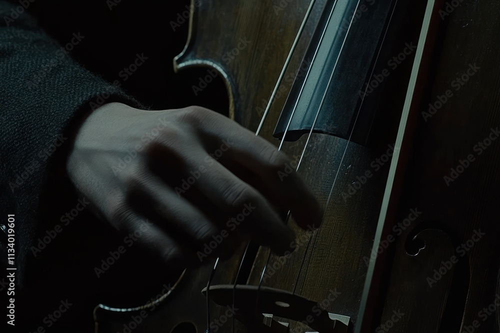 Aufkleber close-up of a hand playing cello in low light.