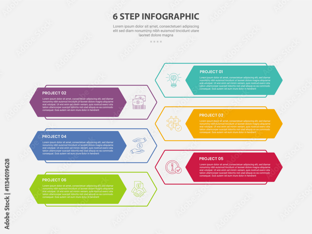 Aufkleber 6 points template infographic outline style with 6 point step template with long hexagon shape oppos
