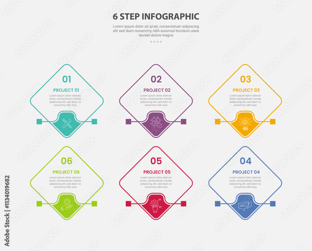 Poster 6 points template infographic outline style with 6 point step template with diamond shape rotated sq