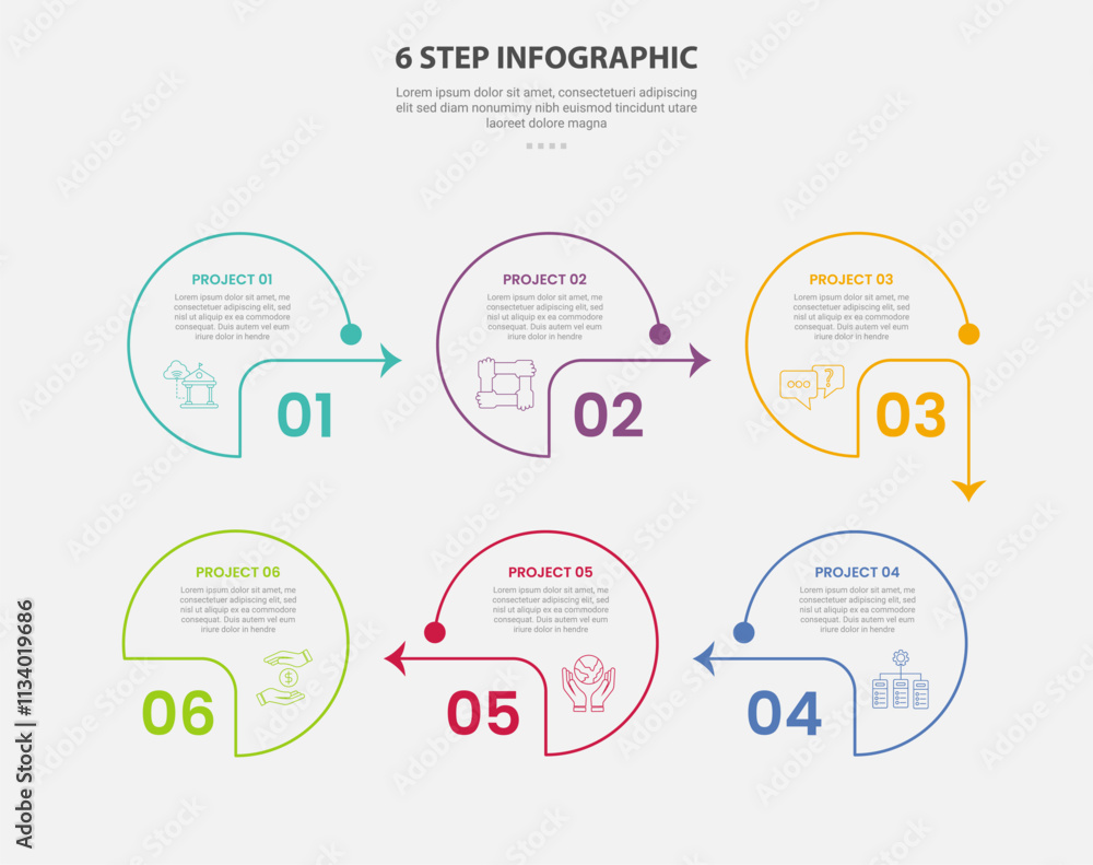 Poster 6 points template infographic outline style with 6 point step template with creative circle with arr