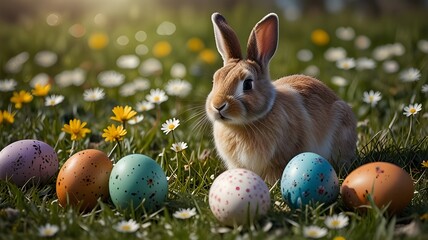 Easter Celebration: Cute Bunny, Vibrant Eggs, and a Basket of Holiday Joy on Green Grass"