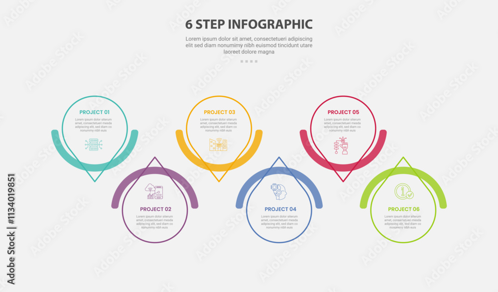 Aufkleber 6 points template infographic outline style with 6 point step template with circle and arrow edge up